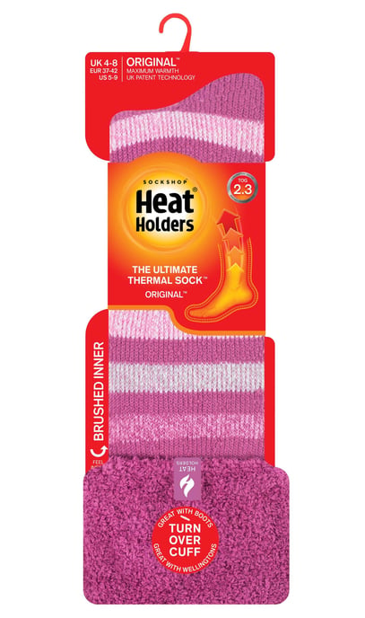 Heat Holders - Damen / Herren Extra lange gestreifte Gummistiefelsocken | Thermosocken mit Bündchen - Pink Stripe - Image 2