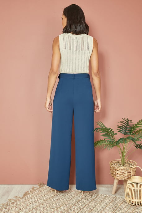 Navy Straight Leg Crepe Trousers With Belt