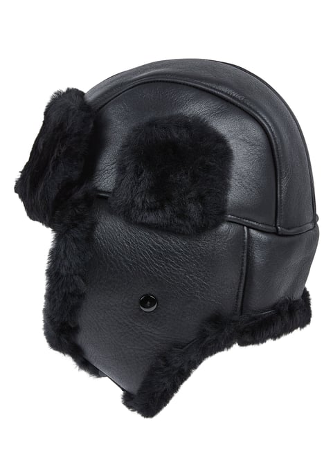 Mens Black RAF Aviator Sheepskin B-55 Trapper Hat Winter Warm Leather Navigator Hat