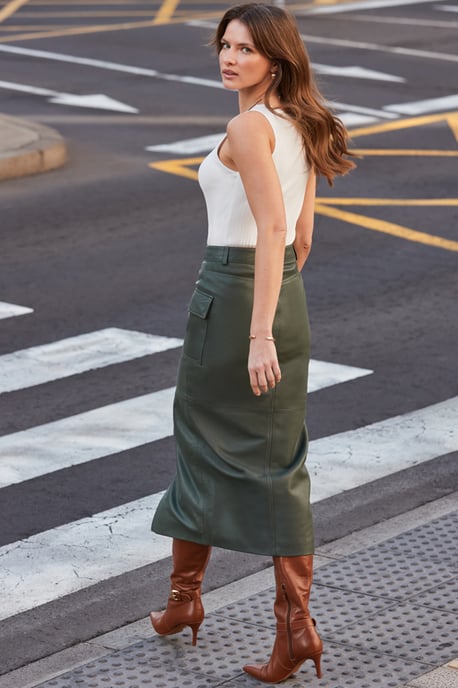 Khaki Green Leather Utility Pencil Skirt