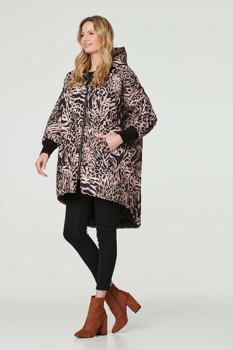 Beige Printed Zip Front High Low Coat