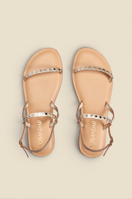 Senorita Gold Leather Stud Detail Strappy Flat Sandals