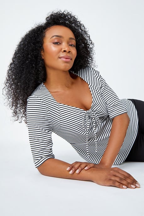 Petite Stripe Ruched V-Neck Stretch Top