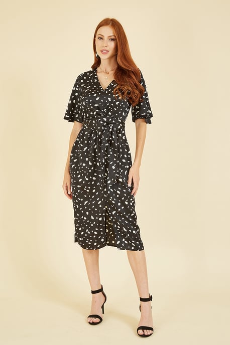 Dash Print Satin Kimono Sleeve Wrap Dress