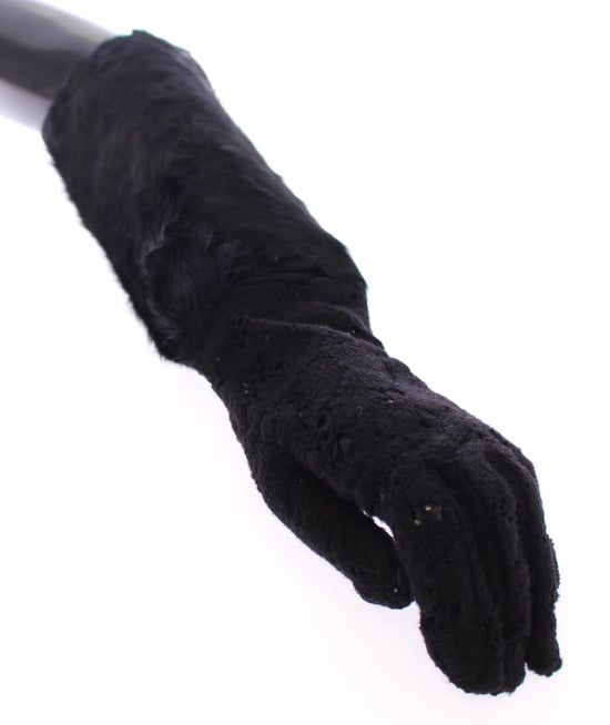 Dolce & Gabbana Schwarze Spitzen-Woll-Lammfell-Futter-Handschuhe für Damen - Image 4
