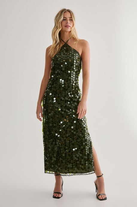 Disc Sequin Glitter Thread Contrast Halter Neck Strappy Midaxi Dress