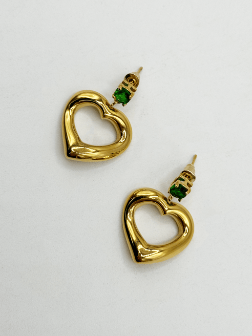 Heart Drop Earrings in Gold with Green Stone - Image 4