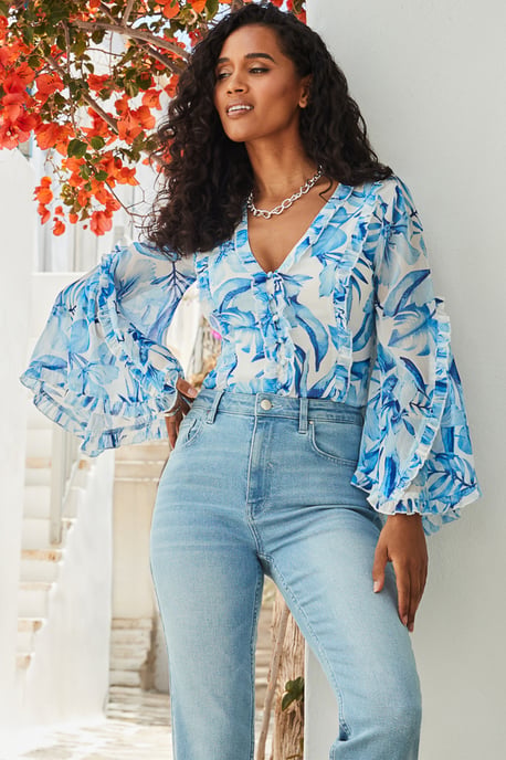Blue Floral Print Ruffle Detail Blouse