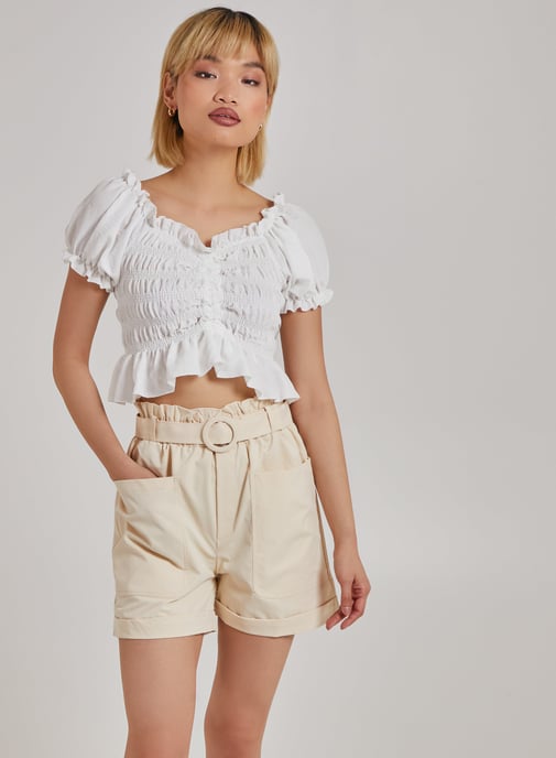 Ruched Puff Sleeve Frill Trim Top