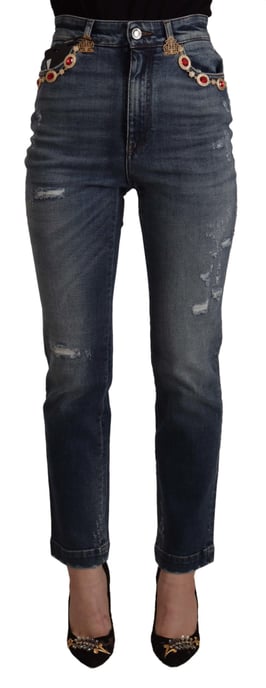 Dolce & Gabbana Blue Denim Crystal Embellished Pants Women's Jeans