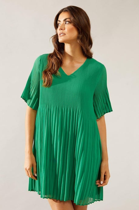 Graduated Pleat Angel Sleeve Mini Dress