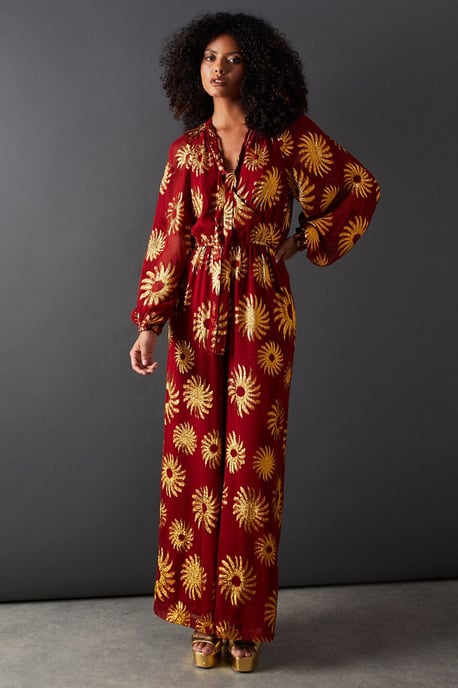 Sun Metallic Jacquard Tie Neck Jumpsuit