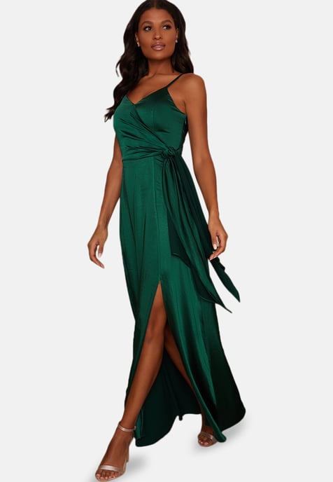 Satin Cami Strap Wrap Maxi Dress in Green
