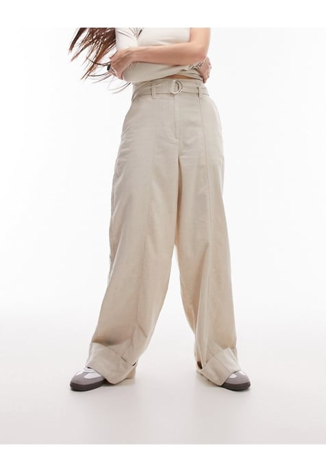 Topshop high waist belted wide leg trouser with turn back hem in ecru-White