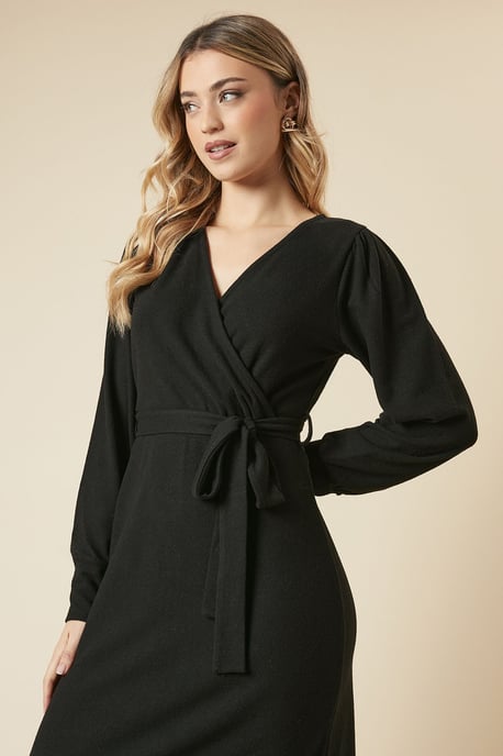 Brushed Wrap Belted Midi Dress