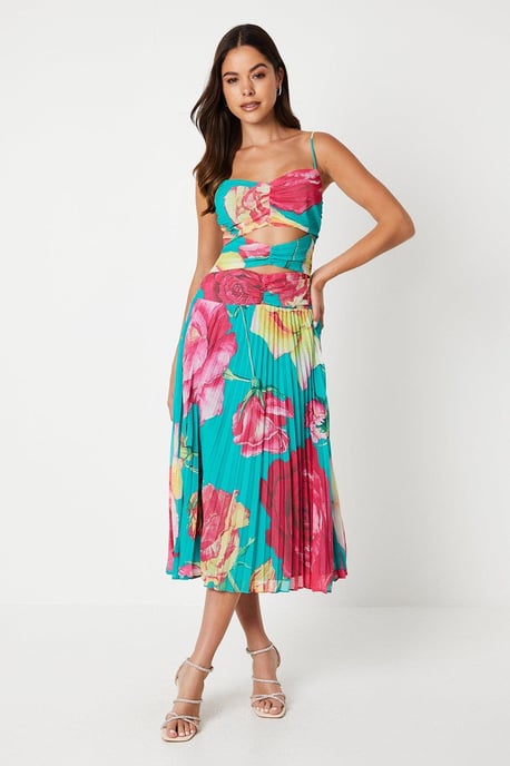 Pleated Cut Out Georgette Midi Dress