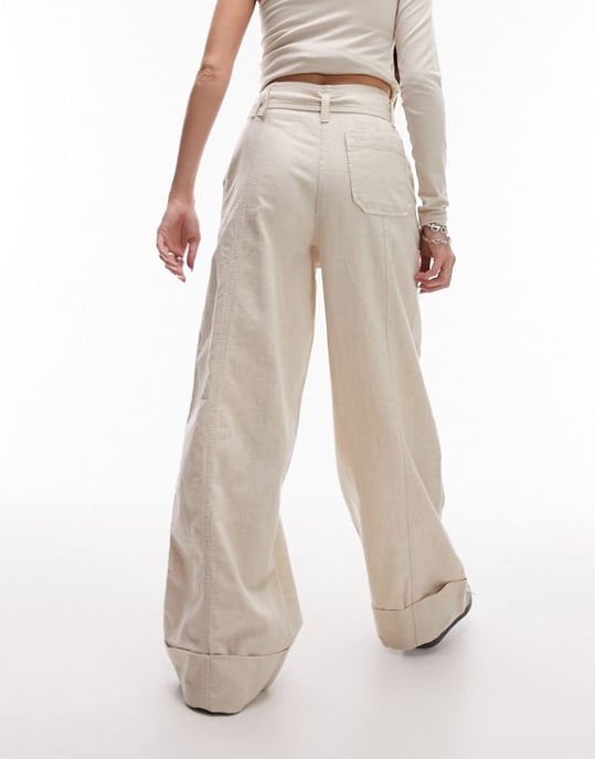 Topshop high waist belted wide leg trouser with turn back hem in ecru-White