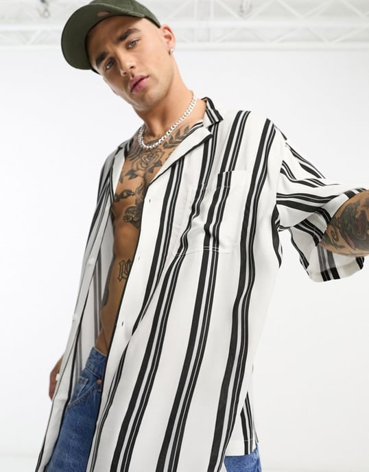 ASOS DESIGN oversized revere longline bowling shirt in black and white stripe