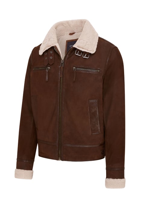 Mens Brown Real Sheep Suede Bomber Aviator Jacket - Sandnes