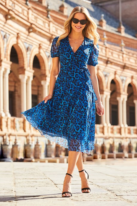 Cobalt Blue Animal Print Mesh Wrap Dress
