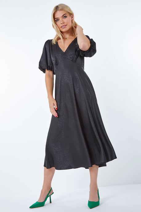 Puff Sleeve Satin Midi Dress