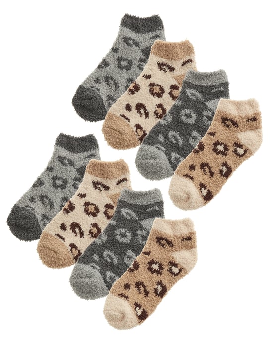 8 Paar flauschige Damen-Söckchen | Neuartige Socken mit Animal-Print, Grau/Beige - Image 1