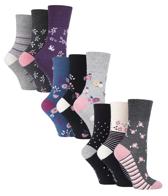 9 Paar Multipack Ladies Cotton Crew Non Elastic Socks | Gentle Grip | Womens Soft Top Striped Patterned Non Binding Socks - Floral 3 - Image 1