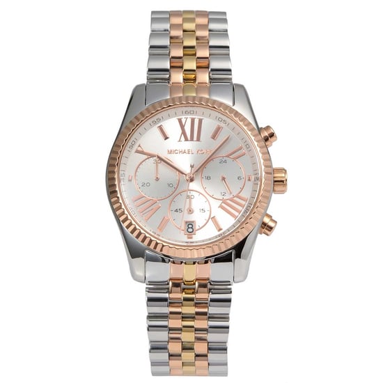 Stylische Damenuhr der Marke Michael Kors in Silber und Gold. Die Uhr hat ein Stahlarmband, das mit einer Faltschließe versehen ist. Der Durchmesser der Uhr ist 38mm und das Uhrwerk ist Quarz.  Marke: Michael KorsModellname: MK5735 (38mm)Kategorie: Damena - Image 1
