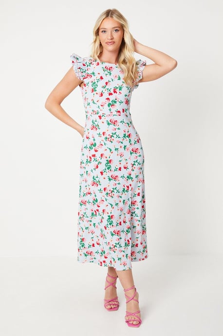 Floral Frill Detail Sleeve Midi Dress