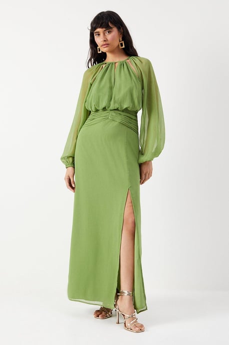 Chiffon Cut Out Detail Volume Sleeve Maxi Dress