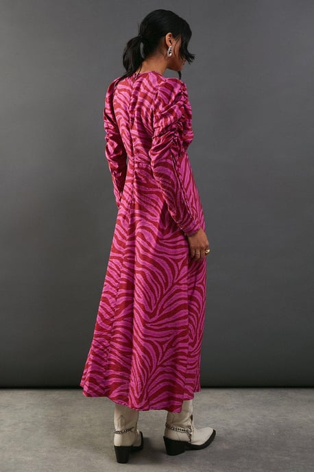 Pink Zebra Print Viscose V Neck Long Puff Sleeve Midi