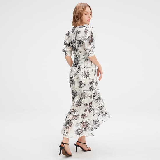 Linear Flower Print Plunging Hem Dress