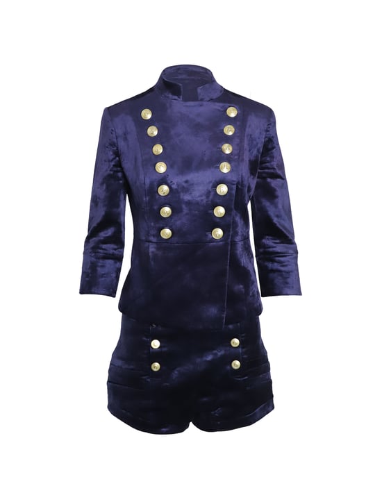 Pierre Balmain Militärblazer und Shorts-Set aus blauer Samt - Image 1