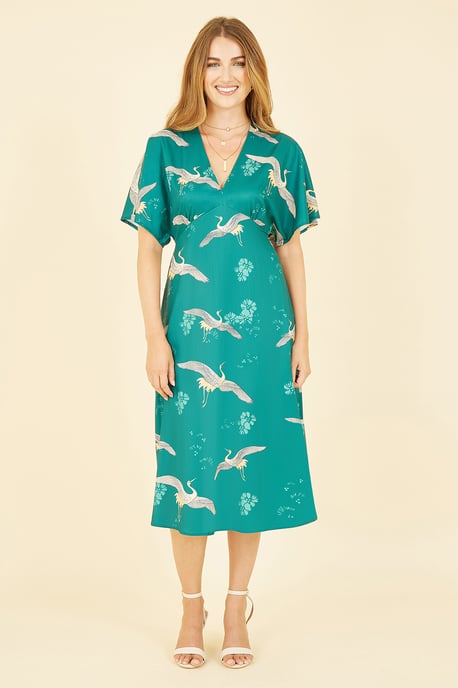 Yumi Green Crane Print Kimono Midi Dress