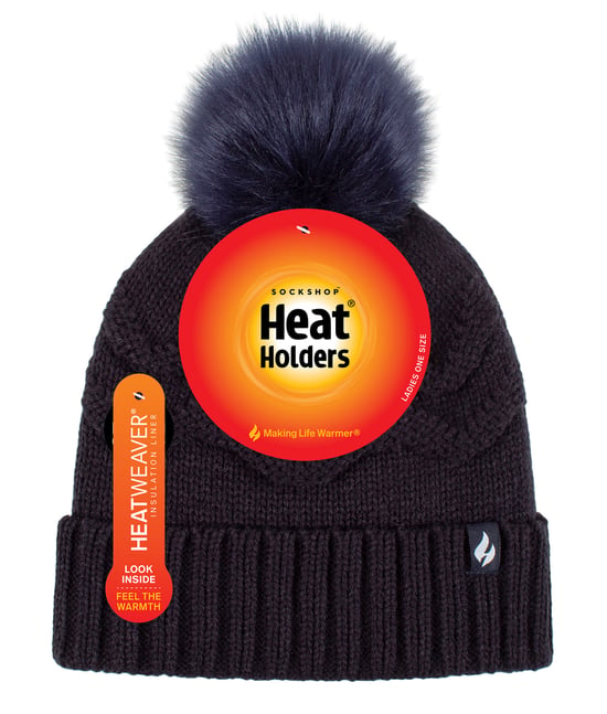 Damen Winter Pelz Beanie Mütze | Wärmehalter | Zickzack gemusterten Pom Pom Hut | Damen Thermal Cuff Bobble Hat - Navy - Image 2