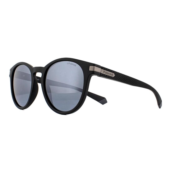 Polaroid Round Mens Matte Black Silver Mirror Polarized Sunglasses