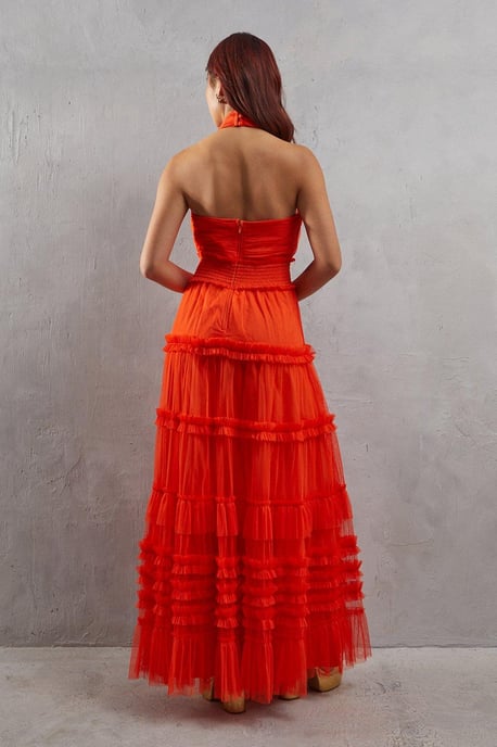 Tulle Halter Shirred Waist Tier Maxi Dress - Image 3