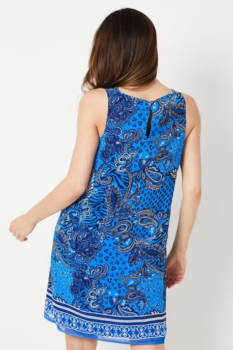 Blue Paisley Border Print Sleeveless Shift Dress