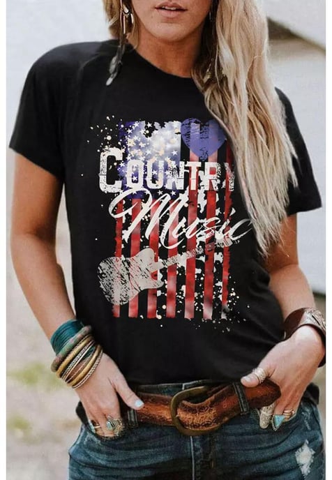Damen-T-Shirt mit amerikanischem Flaggen-Print, kurzärmlig, in Schwarz - Image 1