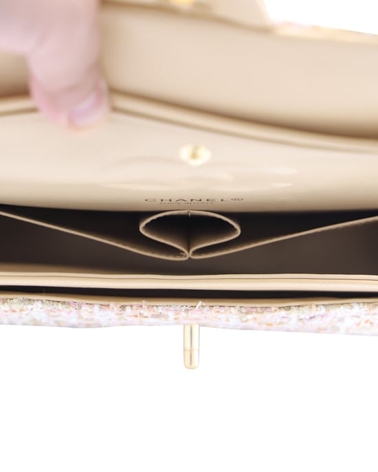 Chanel Classic Flap Shoulder Bag with Gold Tone Metal in Pastel Pink Tweed and Leather
