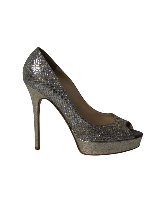 Jimmy Choo Dahlia Plateaupumps mit Peeptoe aus silbernem Glitzer - Image 1