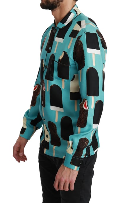 Dolce & Gabbana Blau Seide Eiscreme Druck Legere Herrenhemd - Image 4
