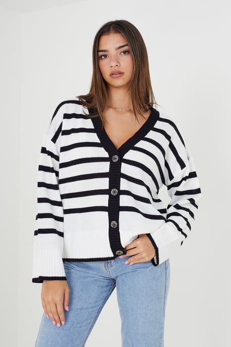 Ivory 'Wave' V-Neck Striped Cardigan
