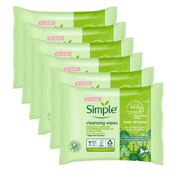 Simple Kind to Skin, Cleansing Wipes For Sensitive Skins, 6x 25 Wipes