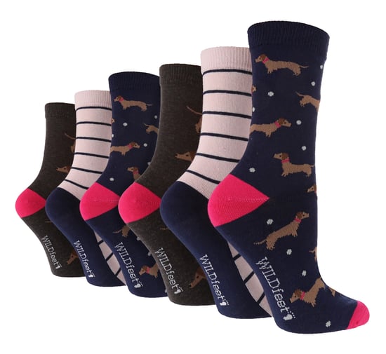 6 Pack Damen Fun Design Socken | Wildfeet | Niedliche Neuheit Tiermuster Socken - Dashchund - Image 1