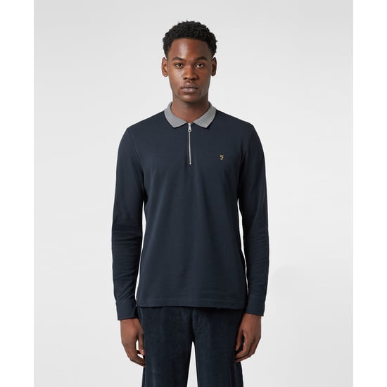 Men's Farah Vancouver Zipped Long Sleeve Polo Shirt in Navy