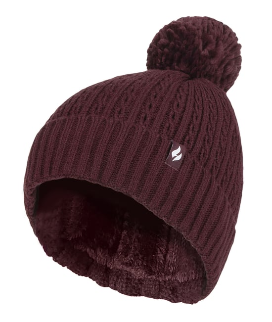 Ladies Thermal Cable Beanie Hat | Heat Holders | Winter Knitted Pom Pom Hat | Soft Ribbed Bobble Hat - Wine
