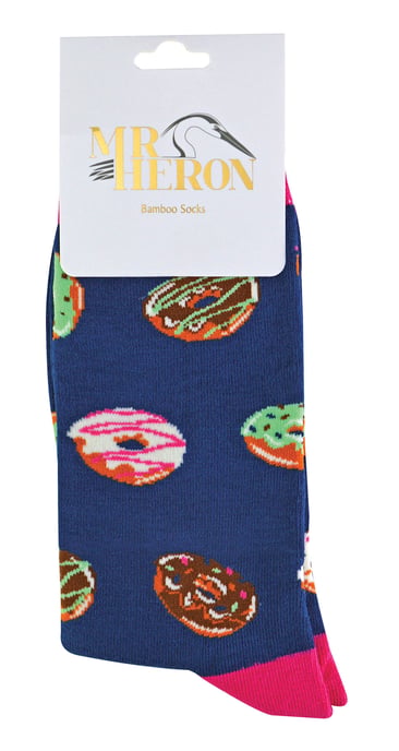 Herr Heron - Herren Bambus Socken | Neuheit Funky Socken | Gemusterte Argyle gestreifte Socken | Atmungsaktiv weich | Geschenke für ihn - Donuts (Navy) - Image 2