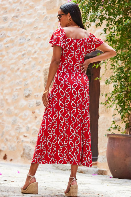 Red Chain Print Angel Sleeve Fit & Flare Midi Dress