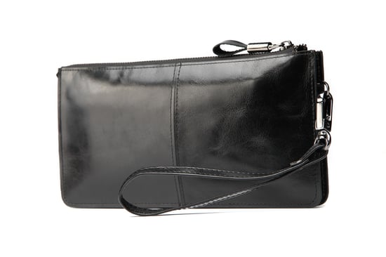Hautton Leather Black Wrist Bag 8.0" Central Zip Compartment Removeable Strap